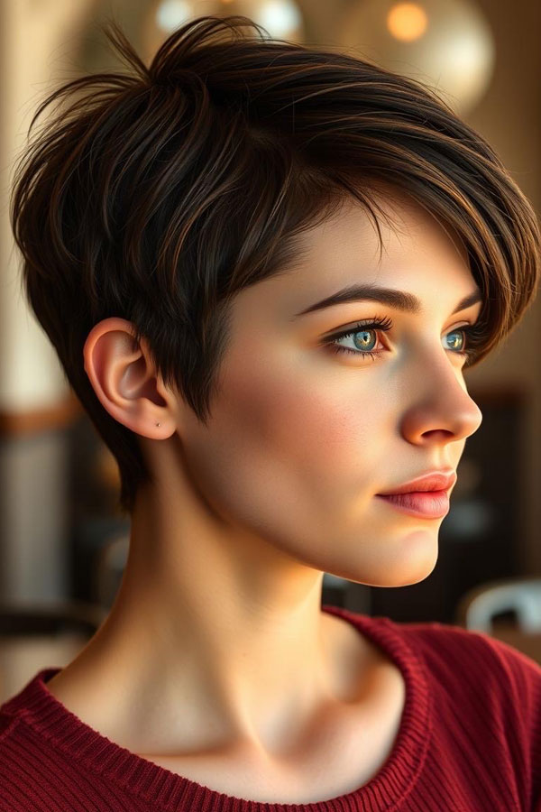 Sleek Brunette Pixie with side swept bangs, Effortless Pixie Haircut, short haircut for women