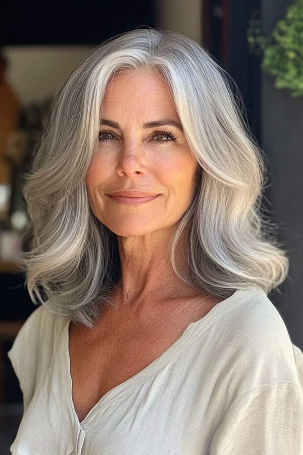 Soft Silver-White Long Bob, Collarbone-Length Haircut for over 60, collarbone Hairstyle For Women Over 60