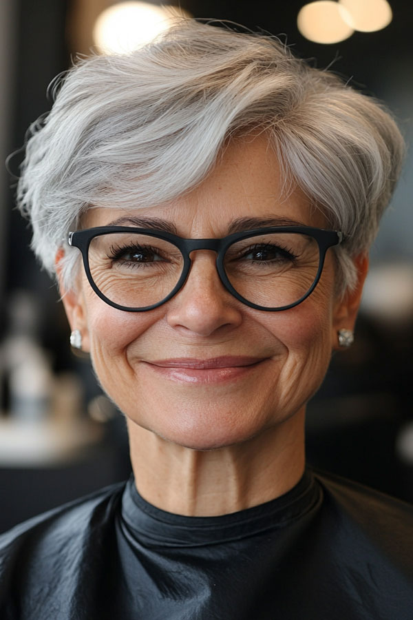 Sleek Silver Pixie, Pixie Haircut For Women Over 60 with Glasses