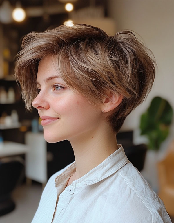 Tousled Pixie with a Soft Brown Hue, Effortless Pixie Haircut, short haircut for women