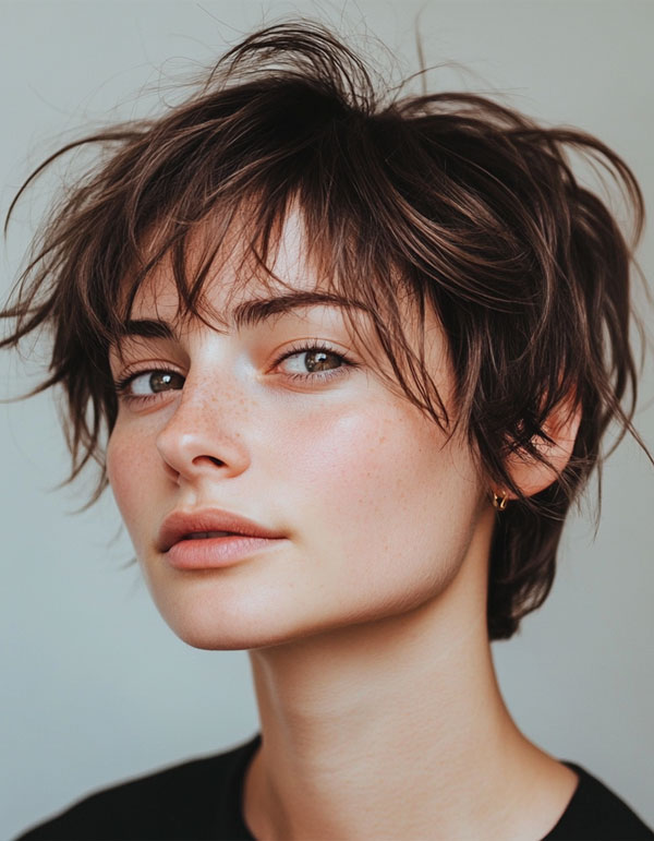 Dark Brown Messy Pixie, Effortless Pixie Haircut, short haircut for women