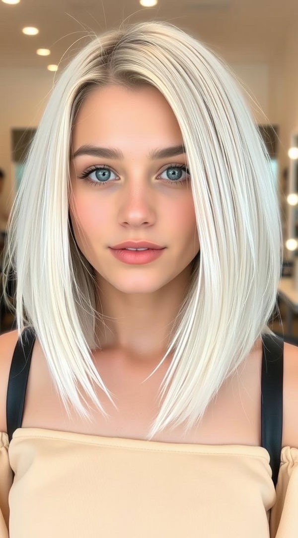 Polished Platinum Lob, icy platinum long bob, icy platinum lob