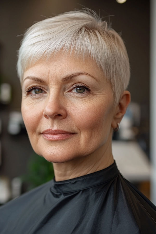 Sleek Silver Fox Pixie, pixie haircut for women over 60