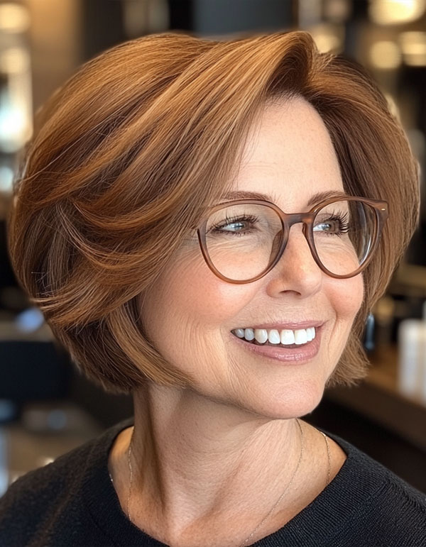 Sleek Copper Bob, Short Haircut For Women Over 60 with Glasses