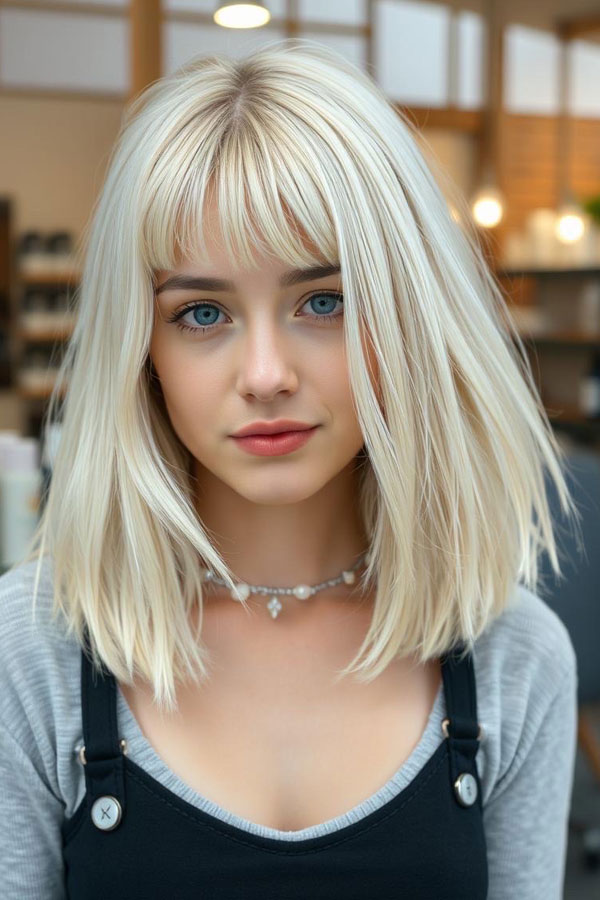 Soft Blonde Bob with Feathered Fringe, trendy long bob with fringe, long bob hairstyle with bangs