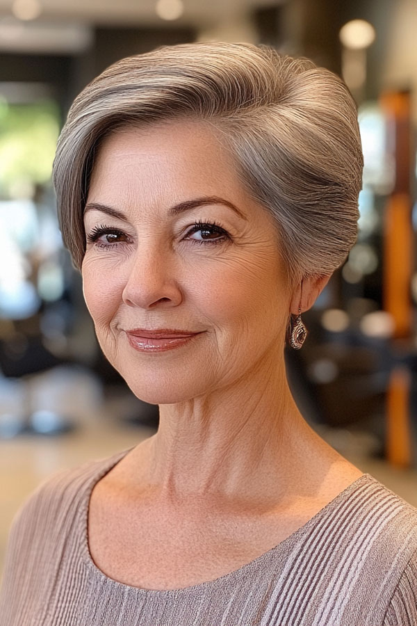 Sophisticated Silver Pixie, pixie haircut for women over 60