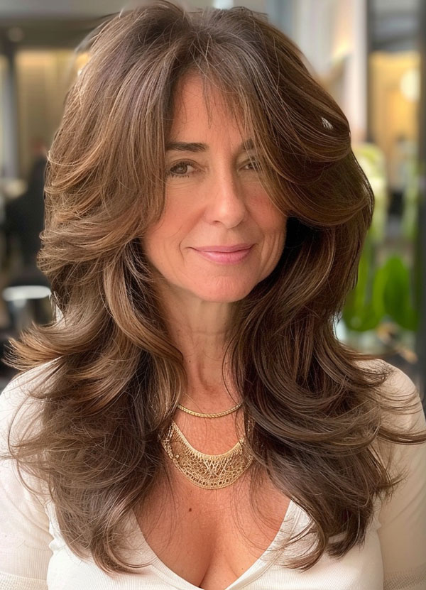 Chestnut Butterfly Layer Elegance, Long Layered Haircut for women over 50, Long Layered Hairstyle for women over 50, butterfly layered haircut