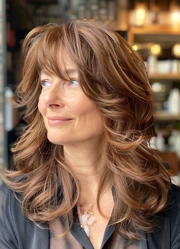 Soft Caramel Loose Curls, Long Layered Haircut for women over 50, Long Layered Hairstyle for women over 50, butterfly layered haircut