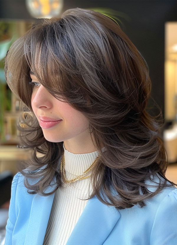 Espresso Cascading Layers, butterfly haircut, Mid-Length Layered Hairstyle