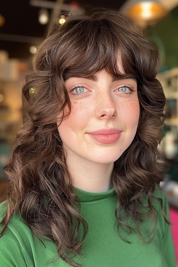 Curly Layers with Blunt Bangs, Mid-Length Layered Hairstyle