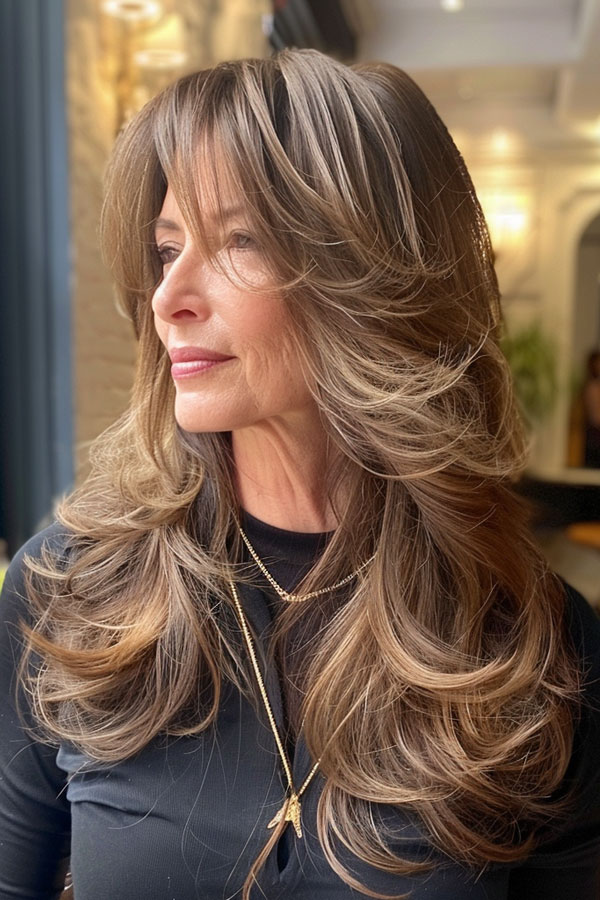 Golden Cascading Long Layers, Long Layered Haircut for women over 50, Long Layered Hairstyle for women over 50, butterfly layered haircut