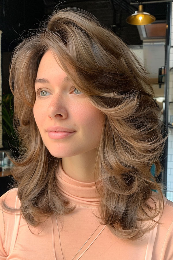 Voluminous Layers with Caramel Highlights, Mid-Length Layered Haircut