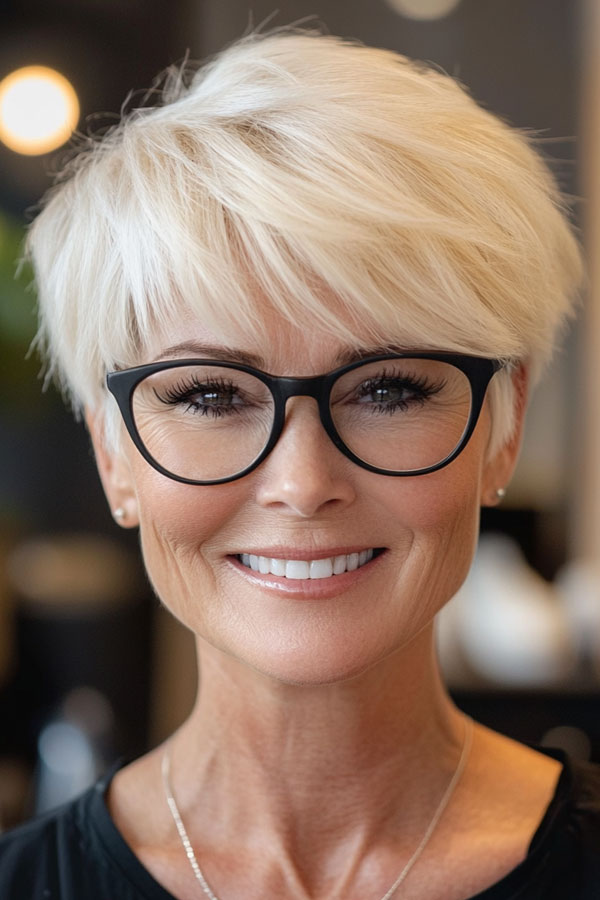 Sleek Platinum Pixie with Bangs, Pixie Haircut For Women Over 60 with Glasses