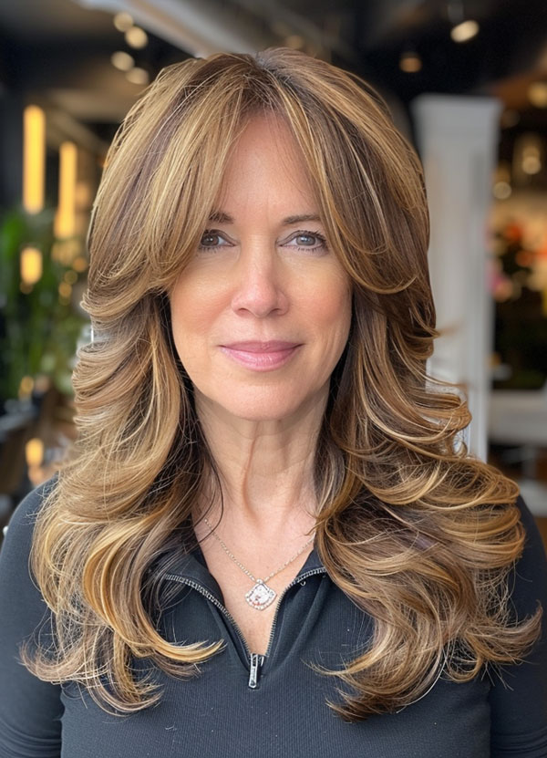 Honeyed Layers, Long Layered Haircut for women over 50, Long Layered Hairstyle for women over 50, butterfly layered haircut