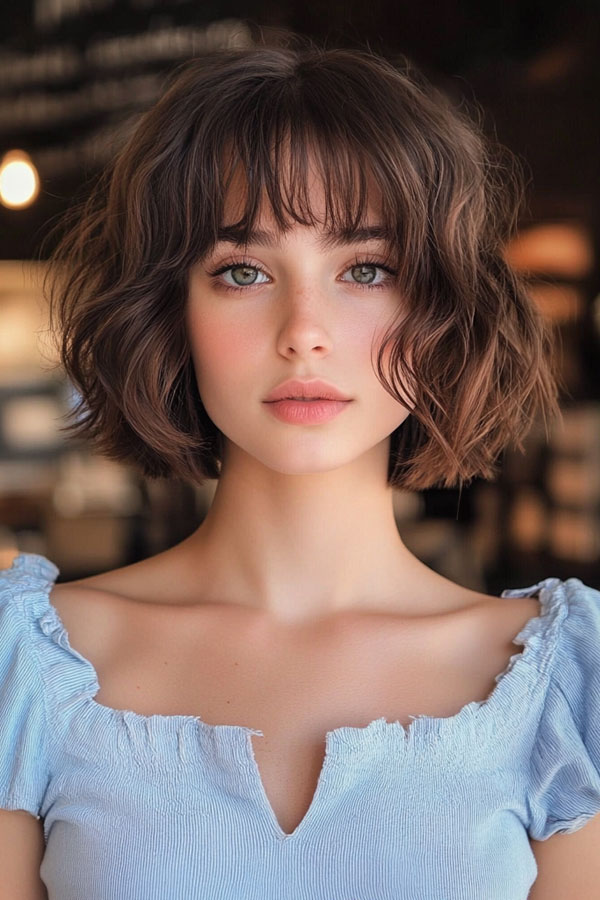 Tousled Brunette with Blunt Fringe, French Bob Haircut, Parisian bob haircut