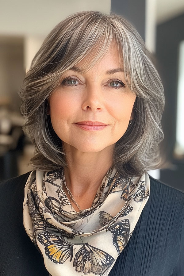 Sophisticated Silver Shag, medium-length layered haircuts, mid-length hairstyle for women Over 60