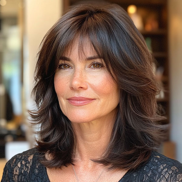 Sleek Dark Layers with Curtain Bangs, Collarbone-Length Haircut for over 60, collarbone Hairstyle For Women Over 60