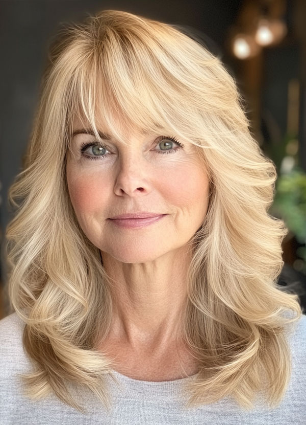 Buttery Blonde Layers, Long Layered Haircut for women over 50, Long Layered Hairstyle for women over 50, butterfly layered haircut