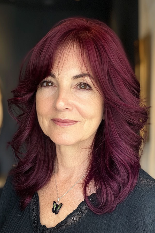 Deep Plum Layers, medium-length layered haircuts, mid-length hairstyle for women Over 60 