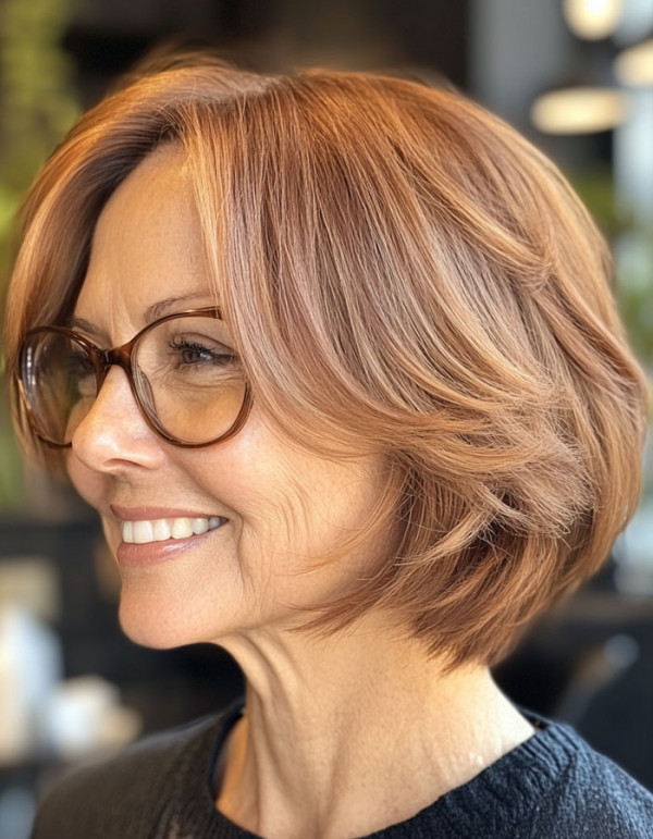 Warm Auburn Bob, Short Haircut For Women Over 60 with Glasses