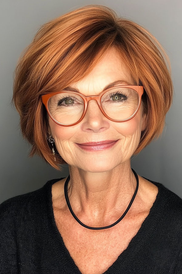 Radiant Copper Bob, Bob Haircut For Women Over 60 with Glasses