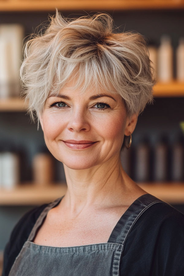 Silver Tousled Pixie, pixie haircut for women over 50