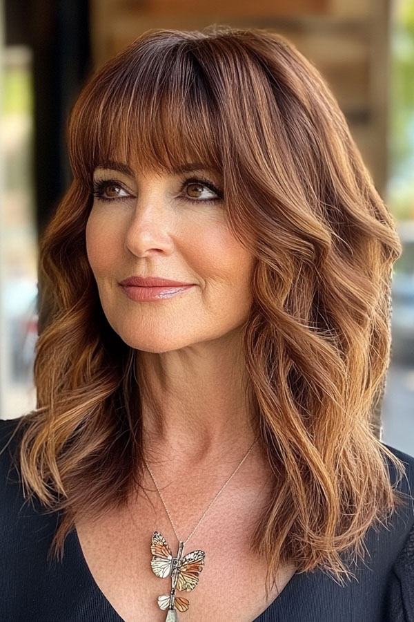 Caramel Wave Layers, medium-length layered haircuts, mid-length hairstyle for women Over 60 