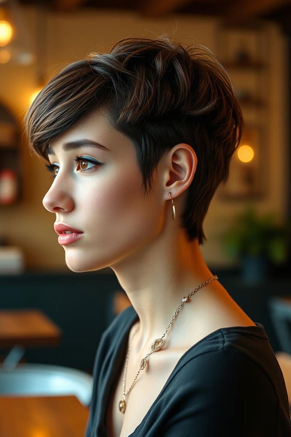 Deep Espresso Pixie, Effortless Pixie Haircut, short haircut for women