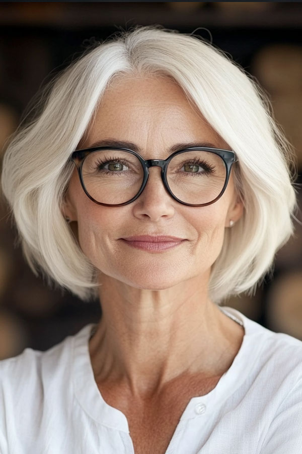 Classic Platinum Blonde Bob, Bob Haircut For Women Over 60 with Glasses