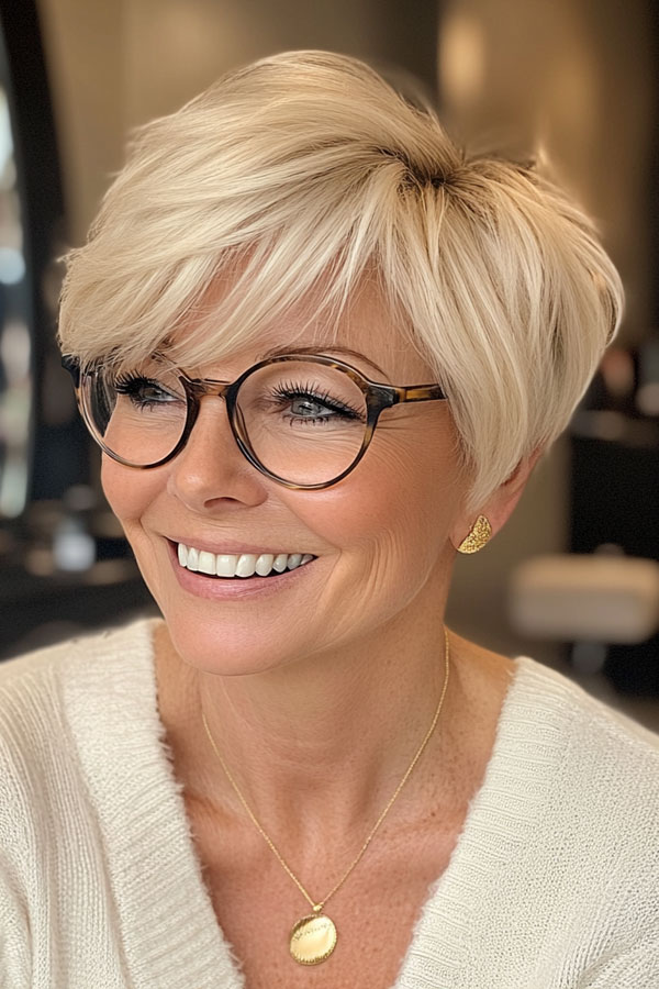 Chic Blonde Pixie, Pixie Haircut For Women Over 60 with Glasses