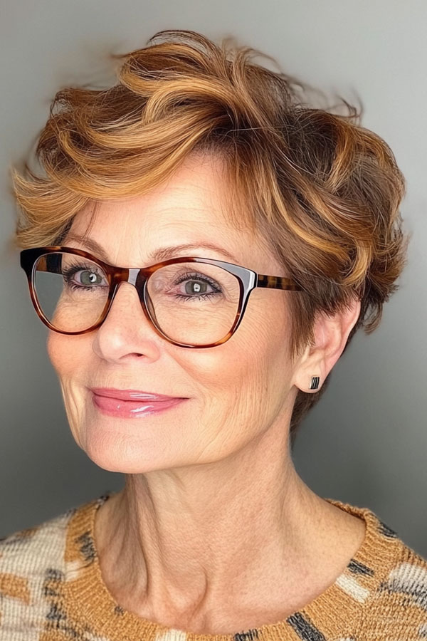 Tousled Ginger Pixie, Pixie Haircut For Women Over 60 with Glasses