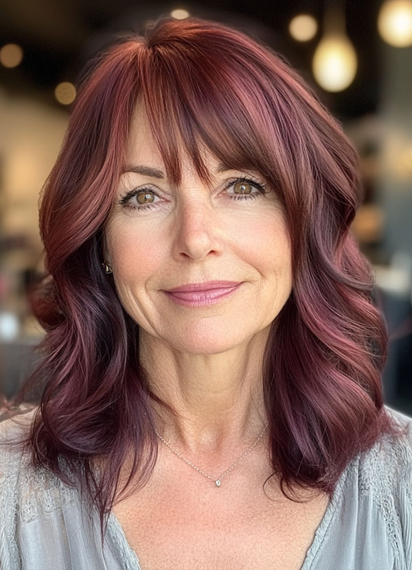 Plum-Toned Waves with Wispy Bangs, Collarbone-Length Haircut for over 60, collarbone Hairstyle For Women Over 60