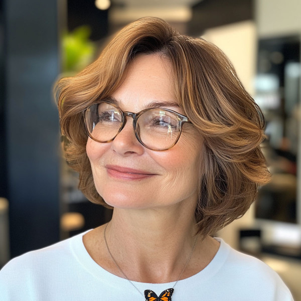 Soft Layered Waves Caramel Highlights, Medium-Length Haircut For Women Over 60 with Glasses 