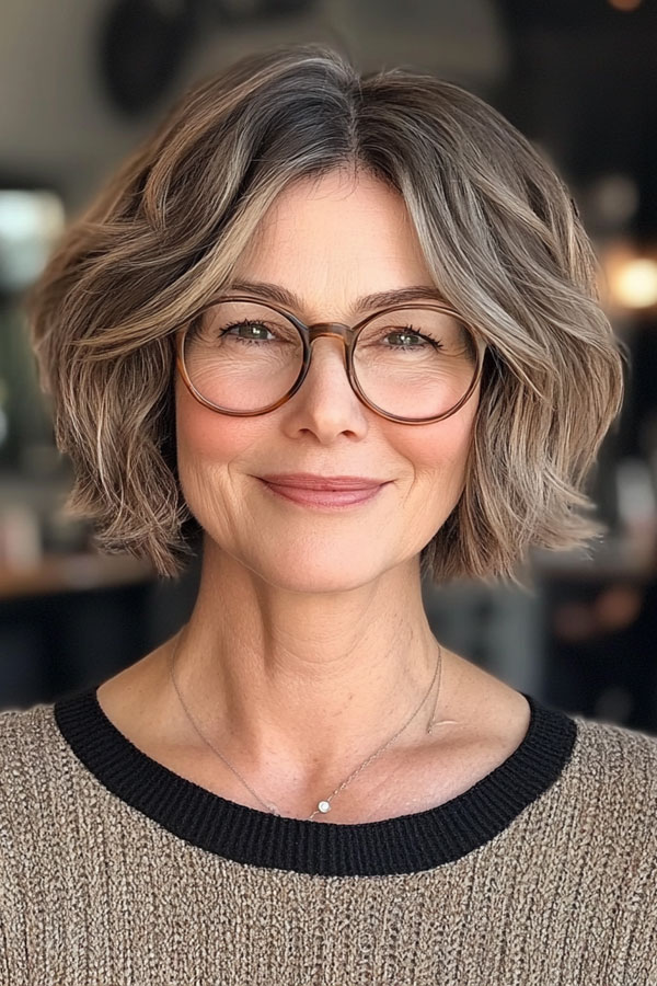 Ashy Brown Soft Waves Bob, Bob Haircut For Women Over 60 with Glasses