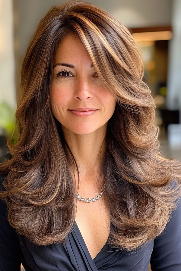 Feathered Layers with Subtle Highlights, layered haircut for women over 40