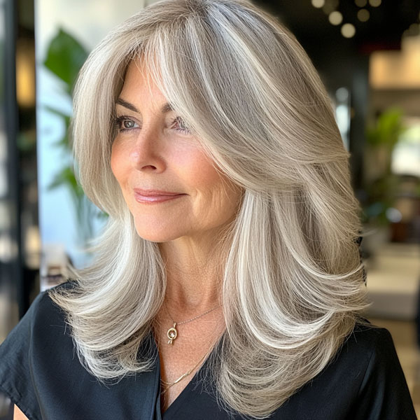 Silver Luxe Layers with Curtain Bangs, Long Layered Haircut for women over 50, Long Layered Hairstyle for women over 50, butterfly layered haircut