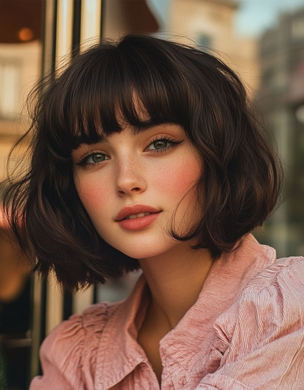 Romantic Brunette Bob, French Bob Haircut, Parisian bob haircut