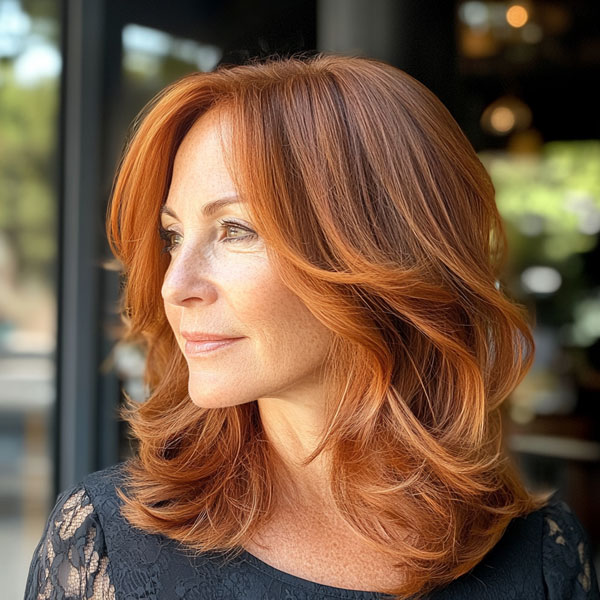 Fiery Copper Layers, Collarbone-Length Haircut for over 60, collarbone Hairstyle For Women Over 60