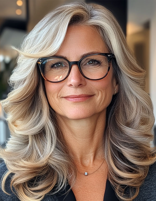 Voluminous Medium-Length Waves, Medium-Length Haircut For Women Over 60 with Glasses