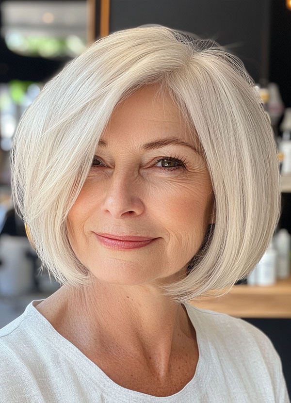 Classic Platinum Bob, bob haircut for women over 60, bob hairstyle for female over 60