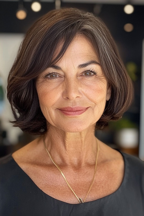 Elegant Brunette Bob, bob haircut for women over 60, bob hairstyle for female over 60