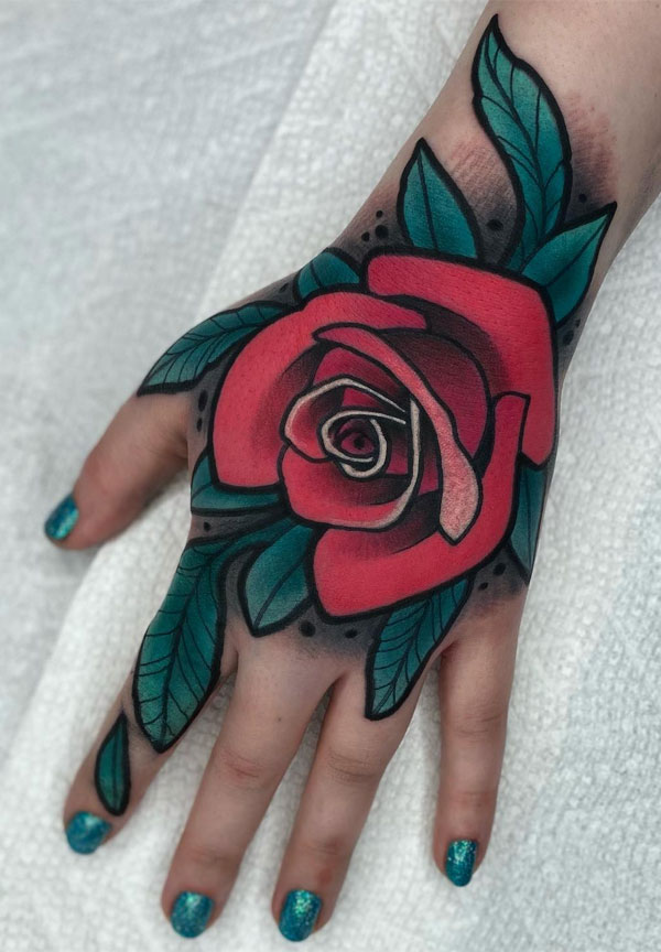 Neo-Traditional Rose Hand Tattoo, hand tattoos rose