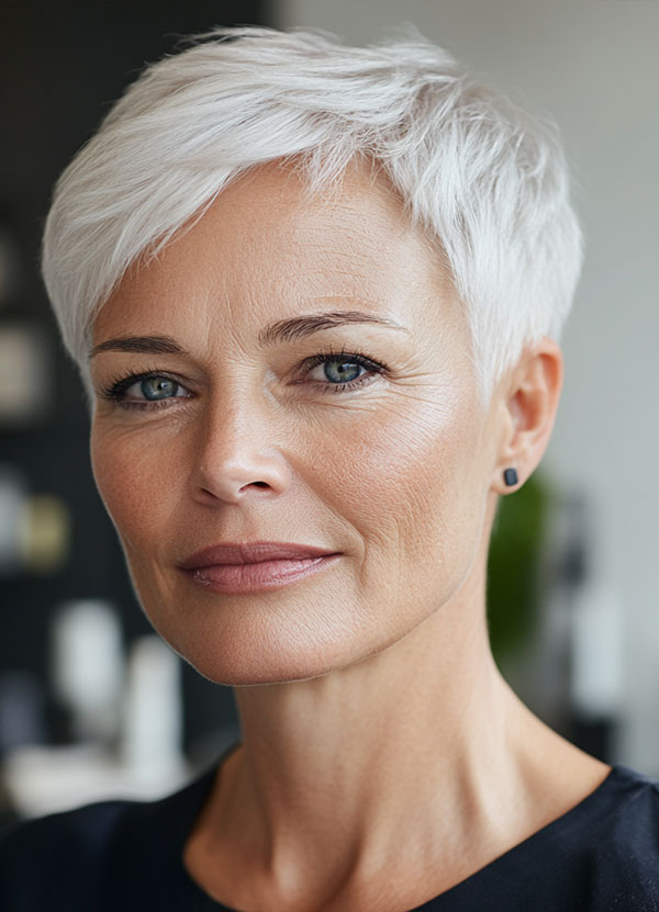 Crisp White Pixie, pixie haircut for women over 60