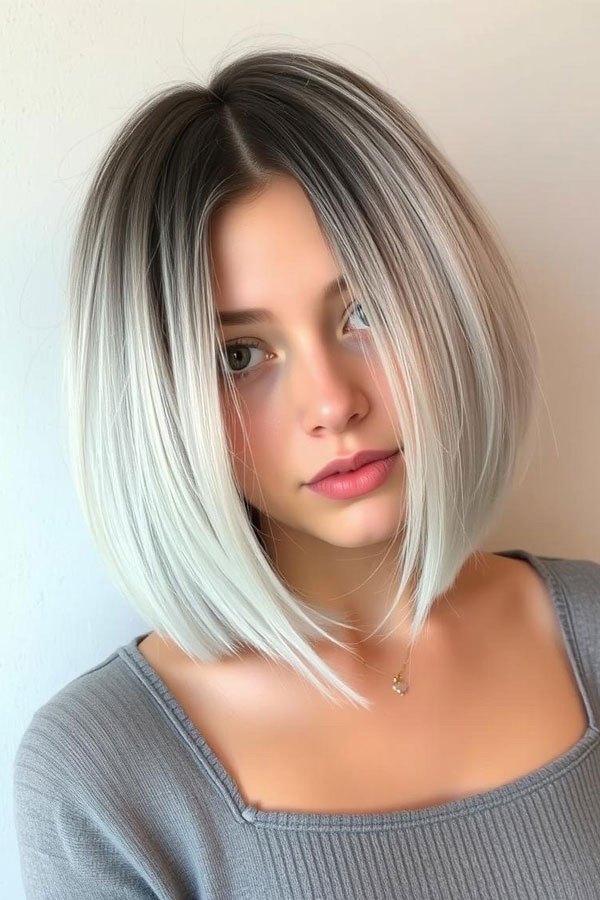 Sleek Platinum Glow Bob, icy platinum long bob, icy platinum lob