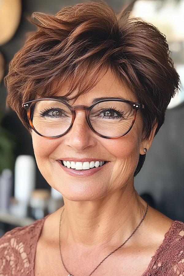 Chestnut Brown Pixie, Pixie Haircut For Women Over 60 with Glasses