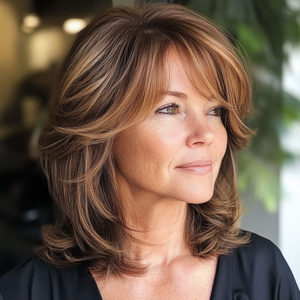 Sun-Kissed Caramel Layers, medium-length layered haircuts, mid-length hairstyle for women Over 60