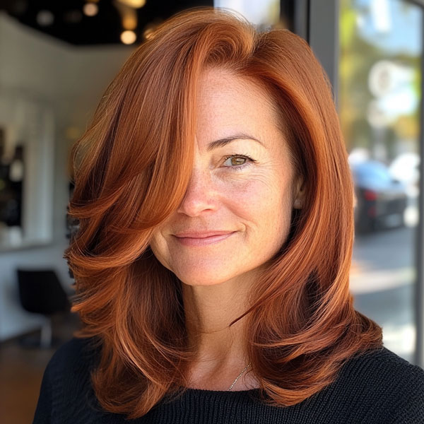 Fiery Layers with Side-Swept Bangs, medium-length layered haircuts, mid-length hairstyle for women Over 60 