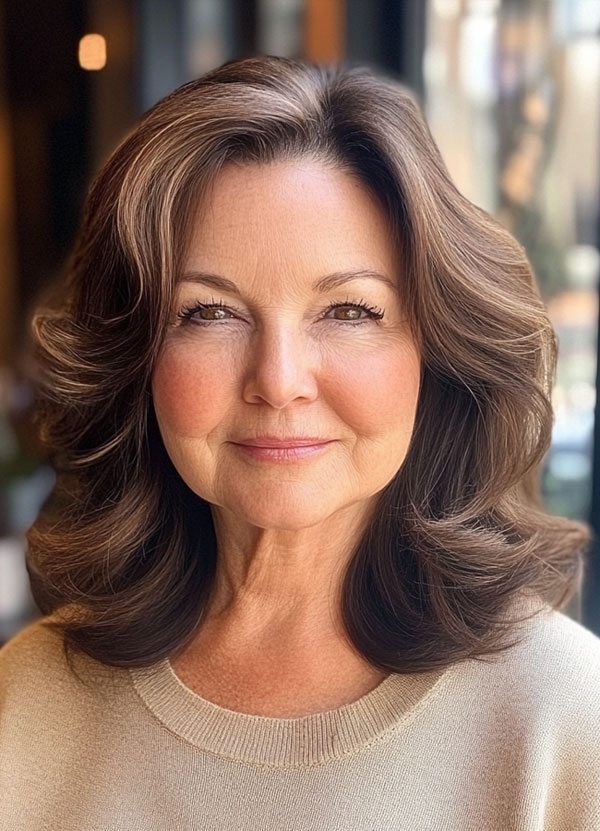 Rich Chestnut Brown Layers, medium-length layered haircuts, mid-length hairstyle for women Over 60 