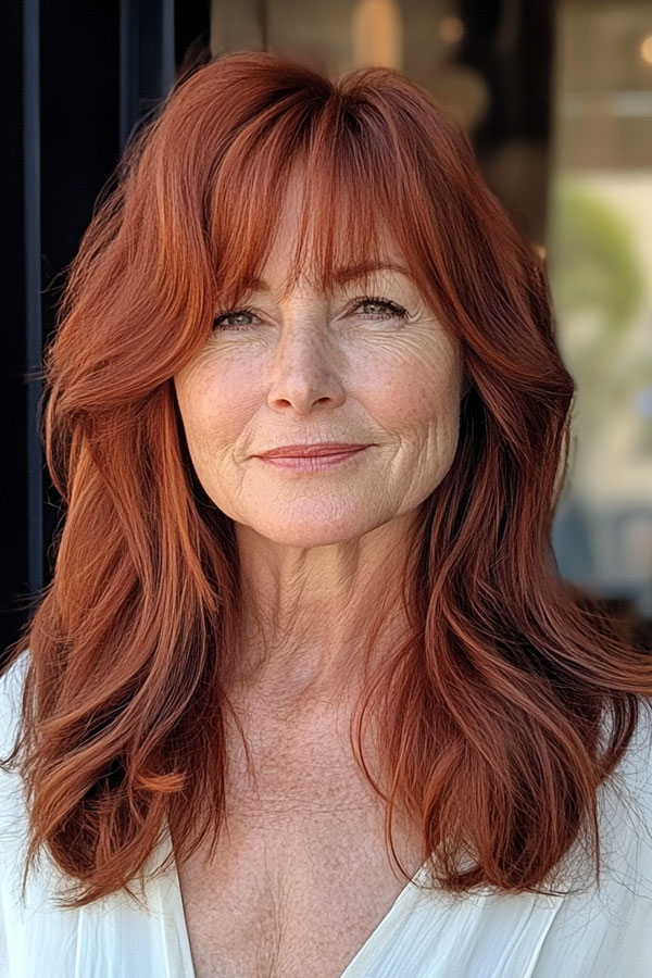 Radiant Auburn Layers, Long Layered Haircut for women over 50, Long Layered Hairstyle for women over 50, butterfly layered haircut