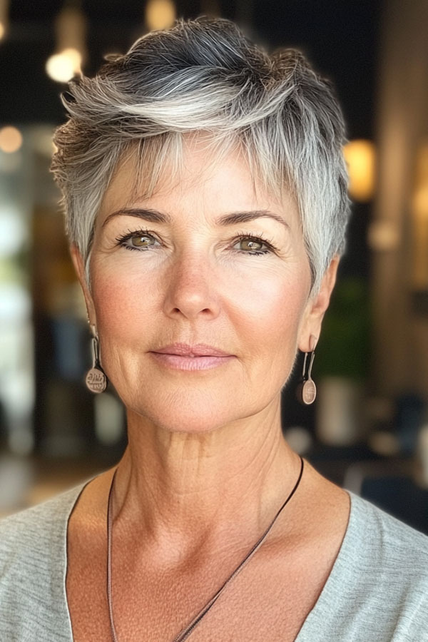 Salt-and-Pepper Tousled Pixie, pixie haircut for women over 60